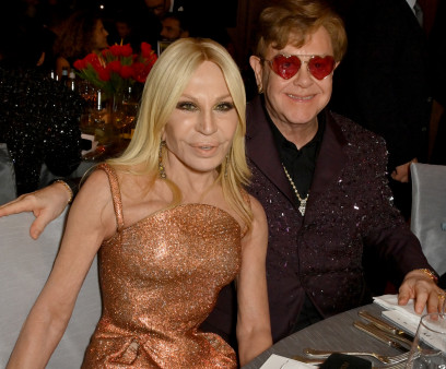 Donatella Versace and Elton John at the Elton John AIDS Foundation’s Oscar Viewing Party, March 2023