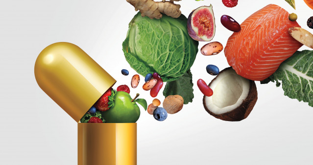 healthy food pouring into gold capsule illustration fruite vegetables salmon nuts coconut kale